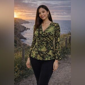 Susan Lawrence Green and Black Wrap Blouse with Bell Sleeves